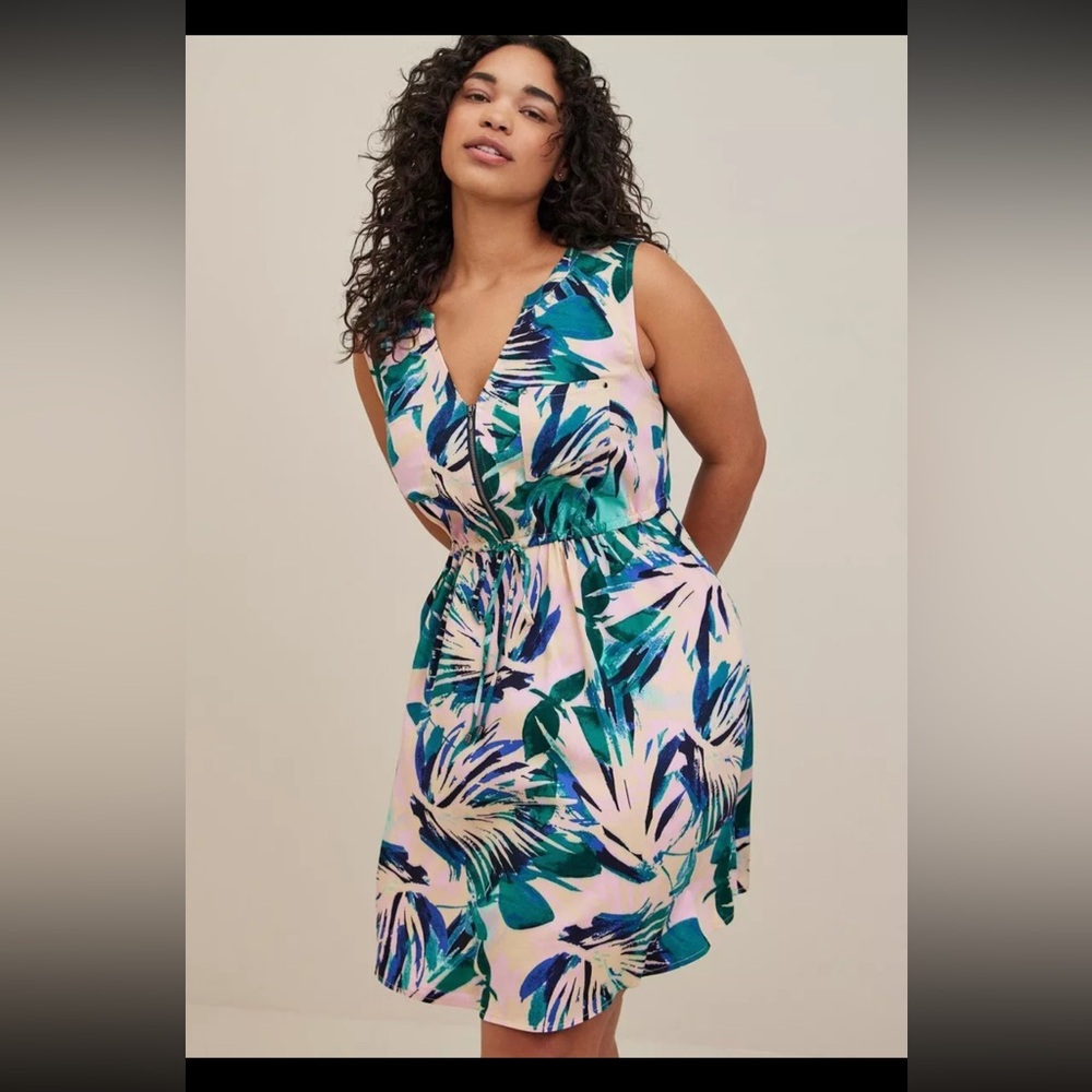 Torrid Womens Mini Woven Palm Tree Print Zip-Front Shirt Dress
